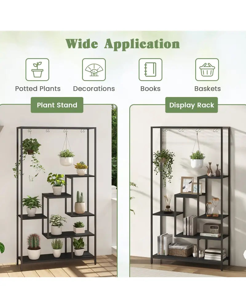 6-Tier Tall Plant Stand 71 Inch Metal Indoor Plant Shelf with 10 Hanging Hooks-Black - Black - Plant Stands