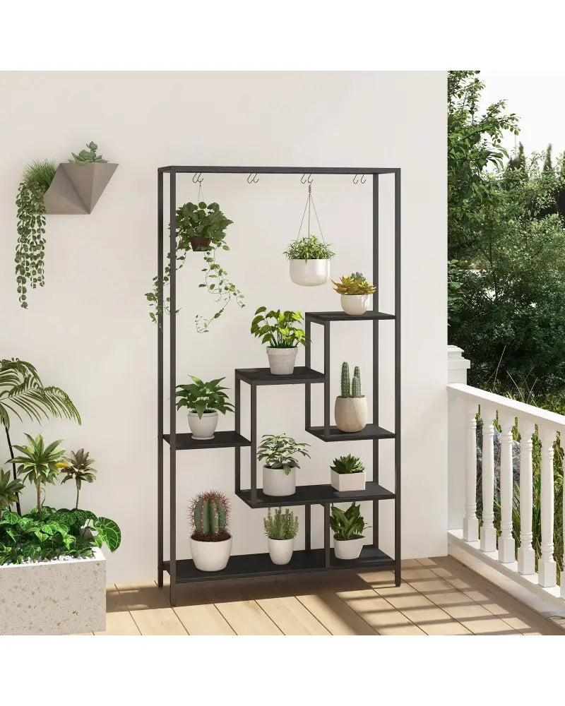 6-Tier Tall Plant Stand 71 Inch Metal Indoor Plant Shelf with 10 Hanging Hooks-Black - Black - Plant Stands