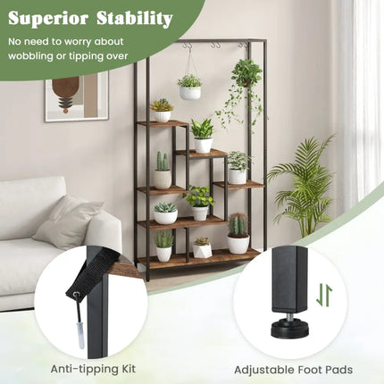 6-Tier Tall Plant Stand 71 Inch Metal Indoor Plant Shelf with 10 Hanging Hooks-Rustic Brown - Rustic Brown - Plant