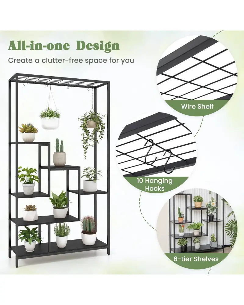 6-Tier Tall Plant Stand 71 Inch Metal Indoor Plant Shelf with 10 Hanging Hooks-Black - Black - Plant Stands