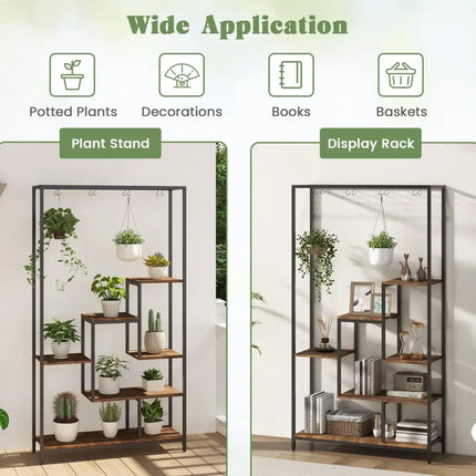6-Tier Tall Plant Stand 71 Inch Metal Indoor Plant Shelf with 10 Hanging Hooks-Rustic Brown - Rustic Brown - Plant