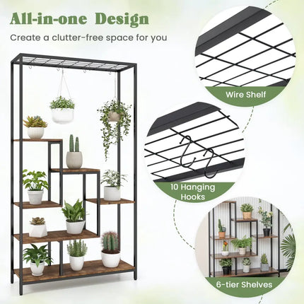 6-Tier Tall Plant Stand 71 Inch Metal Indoor Plant Shelf with 10 Hanging Hooks-Rustic Brown - Rustic Brown - Plant