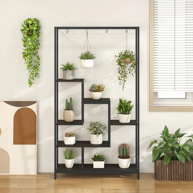 6-Tier Tall Plant Stand 71 Inch Metal Indoor Plant Shelf with 10 Hanging Hooks-Black - Black - Plant Stands