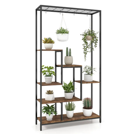 6-Tier Tall Plant Stand 71 Inch Metal Indoor Plant Shelf with 10 Hanging Hooks-Rustic Brown - Rustic Brown - Plant