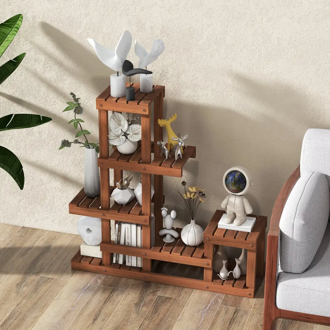 6 Tier Wood Plant Stand with High Low Structure - Brown - Plant Stands