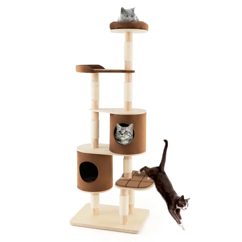 6-Tier Wooden Cat Tree with 2 Removeable Condos Platforms and Perch-Brown - Brown - Cat Trees Condos & Scratchers