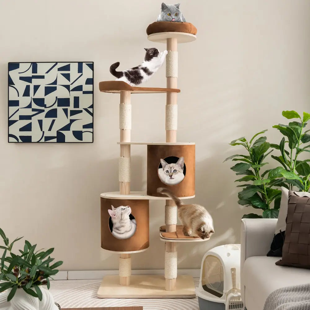 6-Tier Wooden Cat Tree with 2 Removeable Condos Platforms and Perch-Brown - Brown - Cat Trees Condos & Scratchers