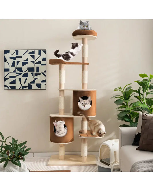 6-Tier Wooden Cat Tree with 2 Removeable Condos Platforms and Perch-Brown - Brown - Cat Trees Condos & Scratchers