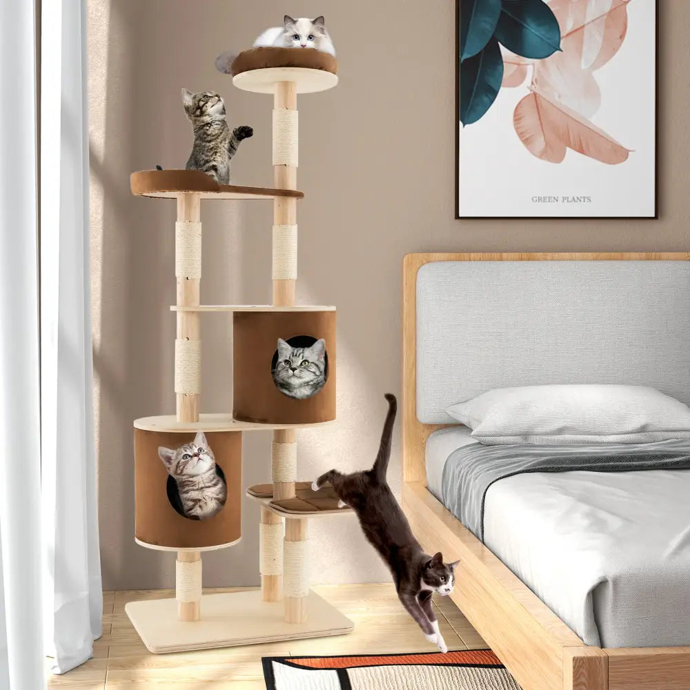 6-Tier Wooden Cat Tree with 2 Removeable Condos Platforms and Perch-Brown - Brown - Cat Trees Condos & Scratchers