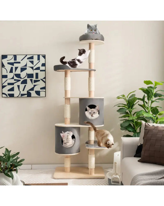 6-Tier Wooden Cat Tree with 2 Removeable Condos Platforms and Perch-Gray - Gray - Cat Trees Condos & Scratchers