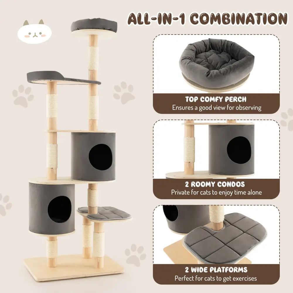 6-Tier Wooden Cat Tree with 2 Removeable Condos Platforms and Perch-Gray - Gray - Cat Trees Condos & Scratchers