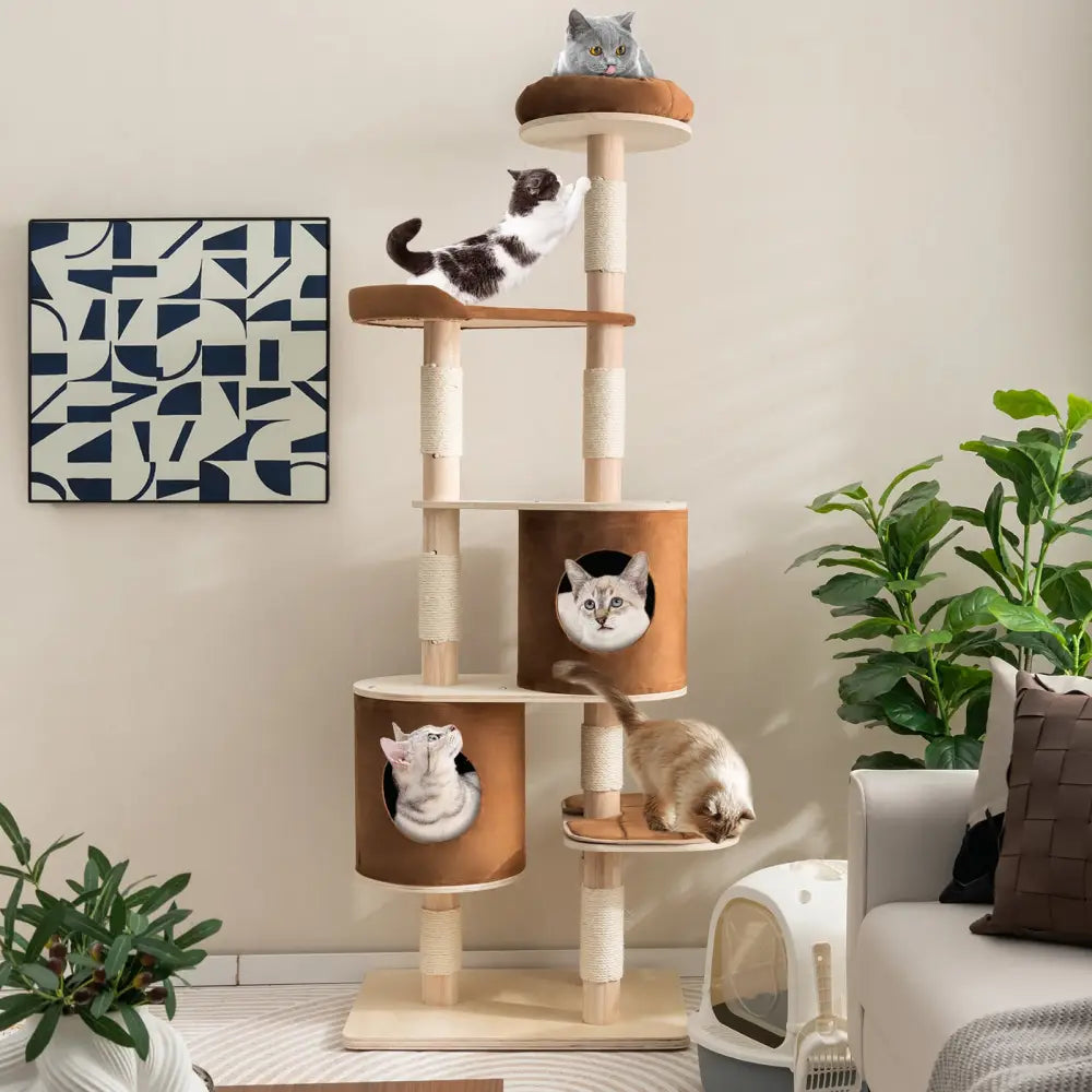 6-Tier Wooden Cat Tree with 2 Removeable Condos Platforms and Perch-Brown - Brown - Cat Trees Condos & Scratchers
