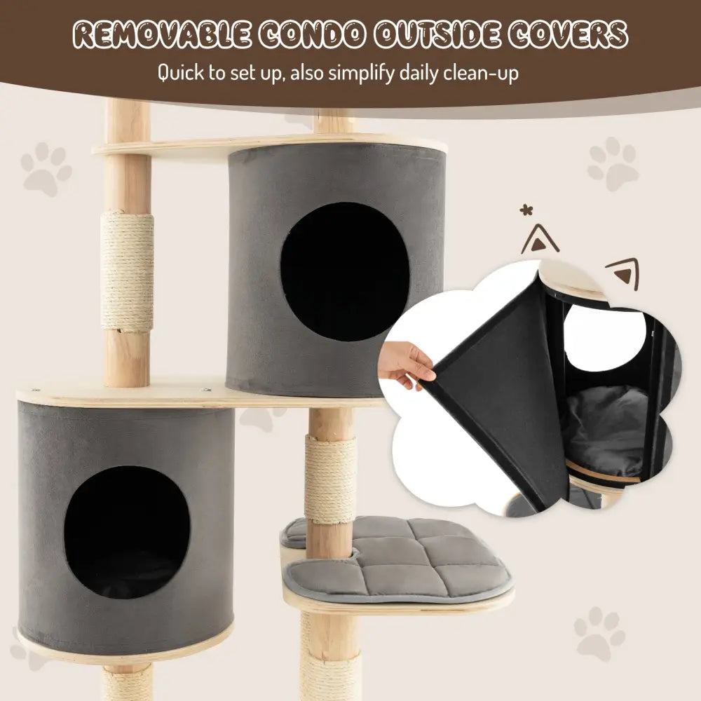 6-Tier Wooden Cat Tree with 2 Removeable Condos Platforms and Perch-Gray - Gray - Cat Trees Condos & Scratchers