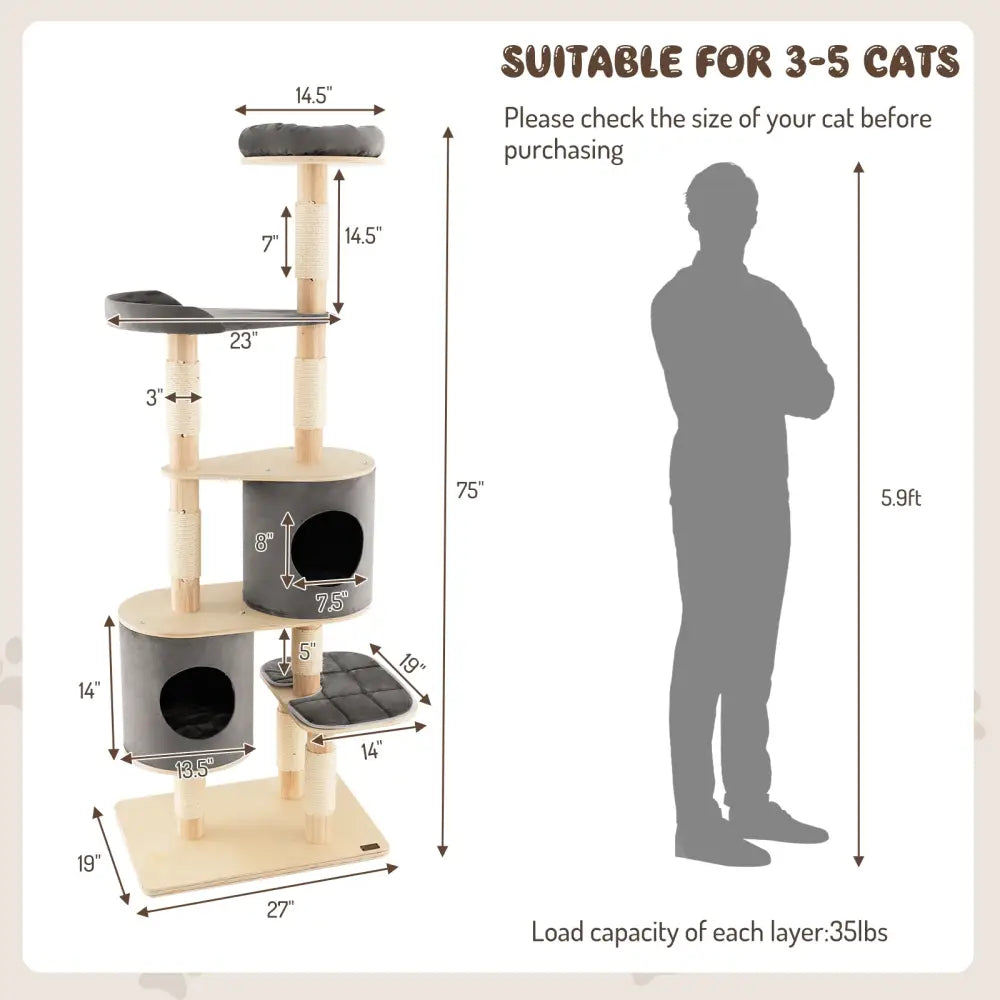 6-Tier Wooden Cat Tree with 2 Removeable Condos Platforms and Perch-Gray - Gray - Cat Trees Condos & Scratchers