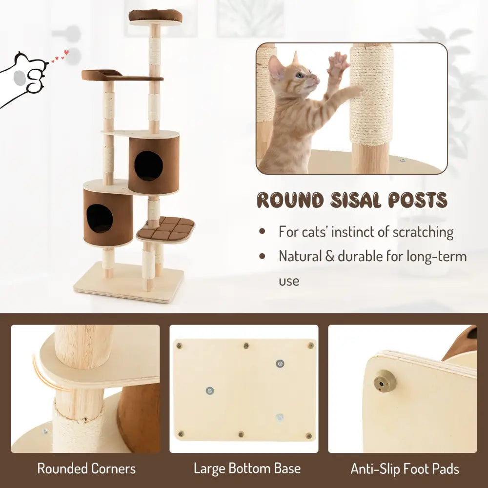 6-Tier Wooden Cat Tree with 2 Removeable Condos Platforms and Perch-Brown - Brown - Cat Trees Condos & Scratchers