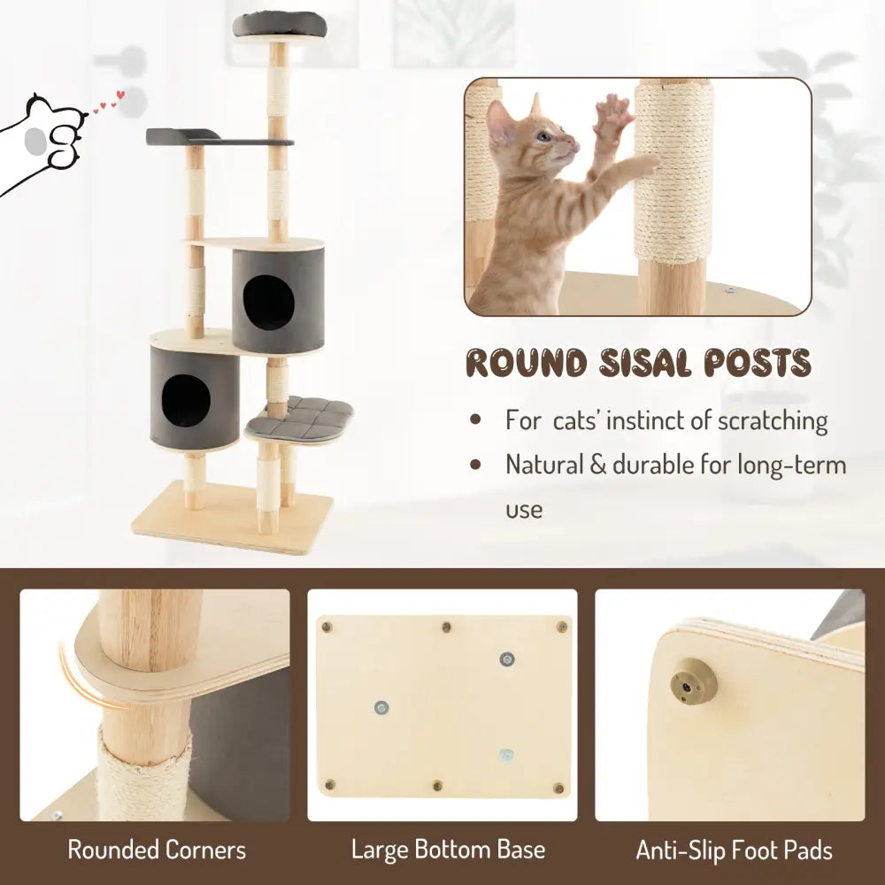 6-Tier Wooden Cat Tree with 2 Removeable Condos Platforms and Perch-Gray - Gray - Cat Trees Condos & Scratchers