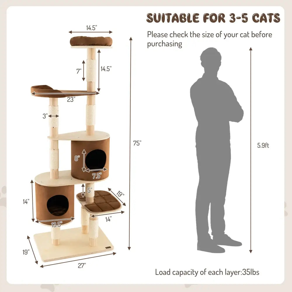 6-Tier Wooden Cat Tree with 2 Removeable Condos Platforms and Perch-Brown - Brown - Cat Trees Condos & Scratchers