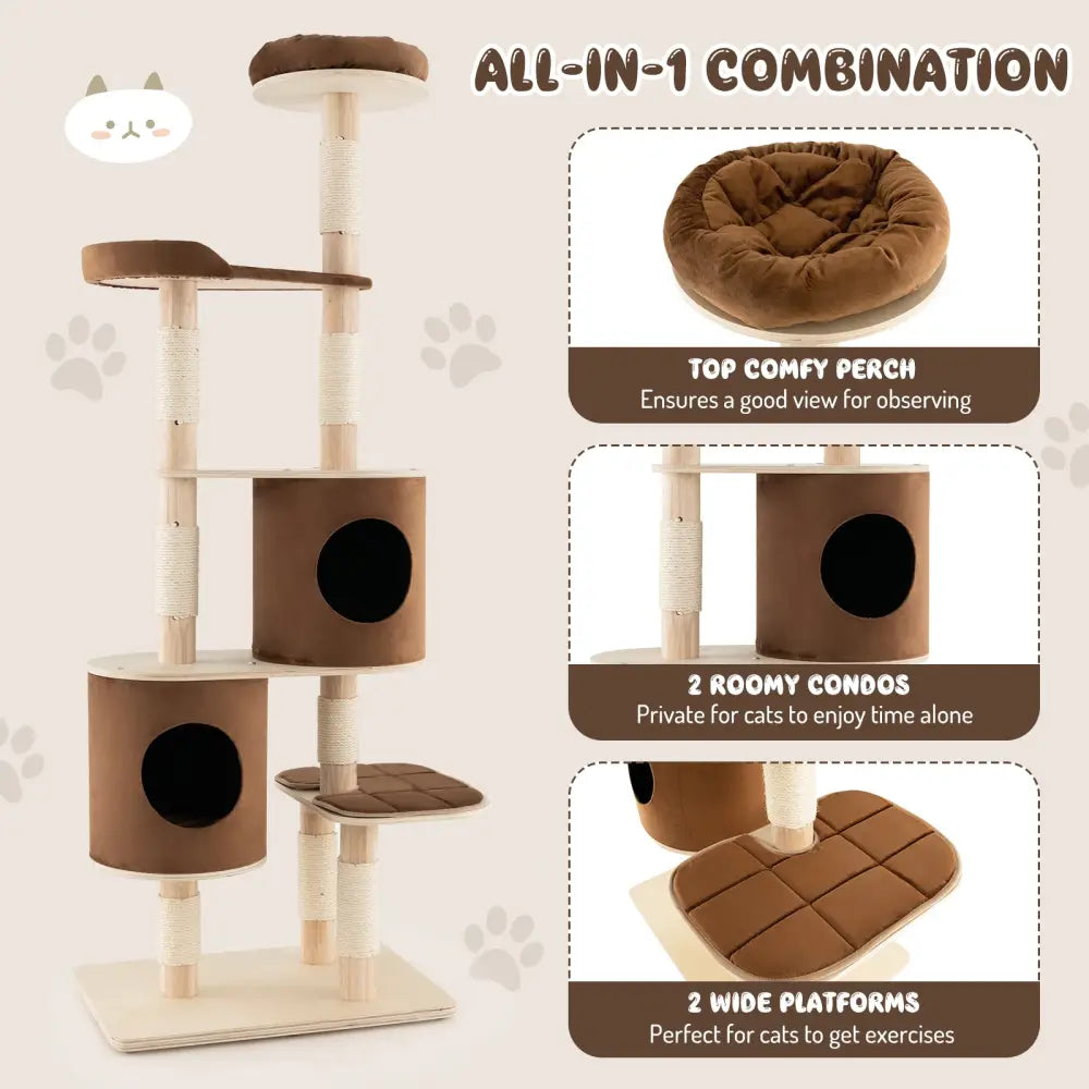 6-Tier Wooden Cat Tree with 2 Removeable Condos Platforms and Perch-Brown - Brown - Cat Trees Condos & Scratchers