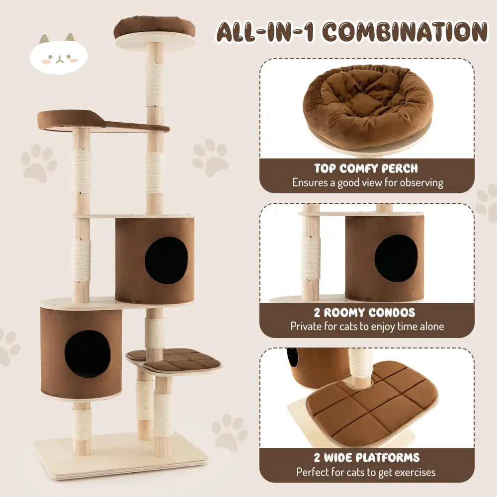6-Tier Wooden Cat Tree with 2 Removeable Condos Platforms and Perch-Brown - Brown - Cat Trees Condos & Scratchers