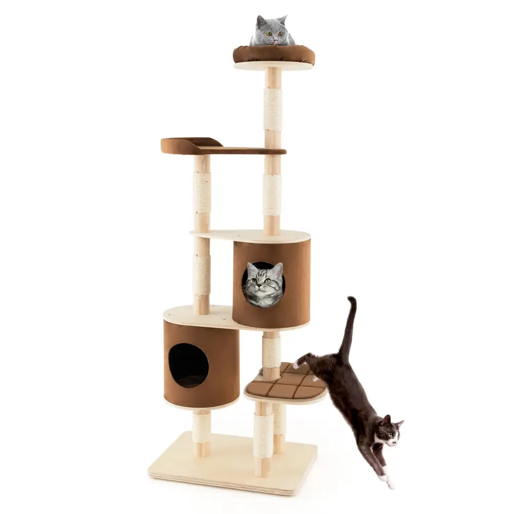 6-Tier Wooden Cat Tree with 2 Removeable Condos Platforms and Perch-Brown - Brown - Cat Trees Condos & Scratchers