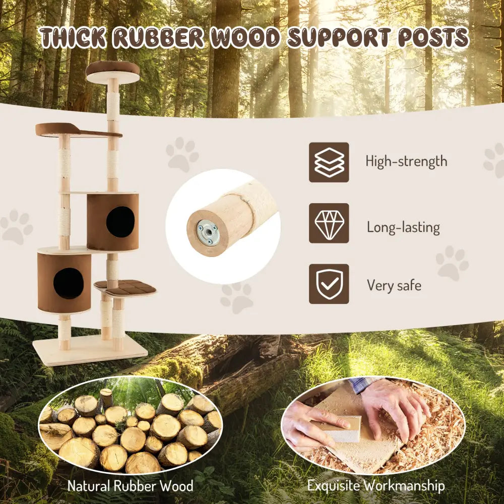 6-Tier Wooden Cat Tree with 2 Removeable Condos Platforms and Perch-Brown - Brown - Cat Trees Condos & Scratchers