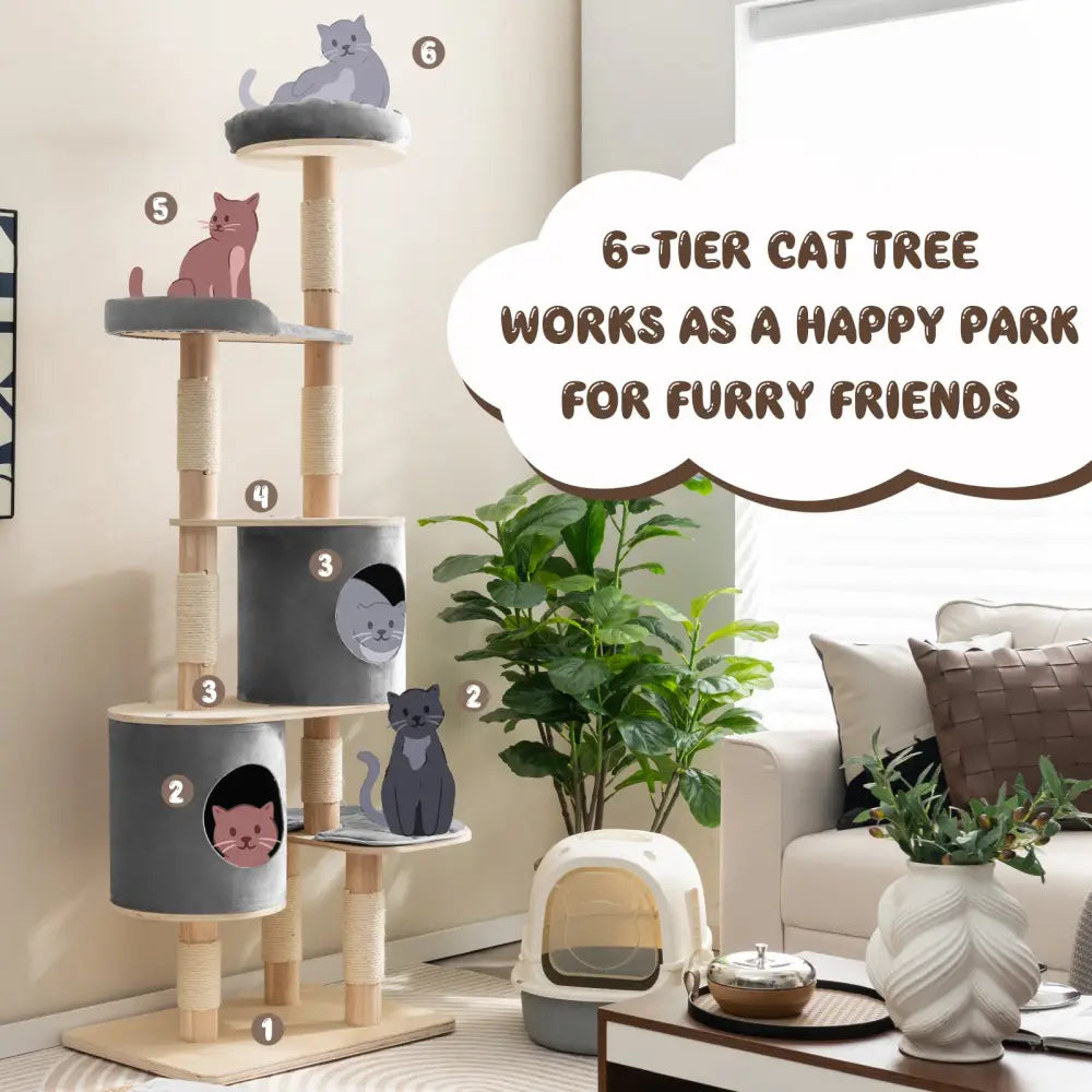 6-Tier Wooden Cat Tree with 2 Removeable Condos Platforms and Perch-Gray - Gray - Cat Trees Condos & Scratchers