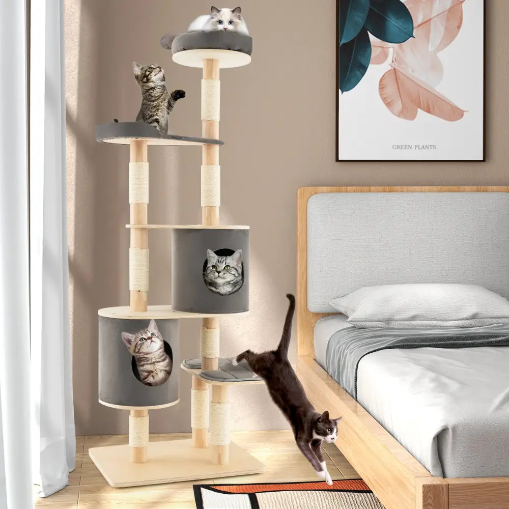 6-Tier Wooden Cat Tree with 2 Removeable Condos Platforms and Perch-Gray - Gray - Cat Trees Condos & Scratchers