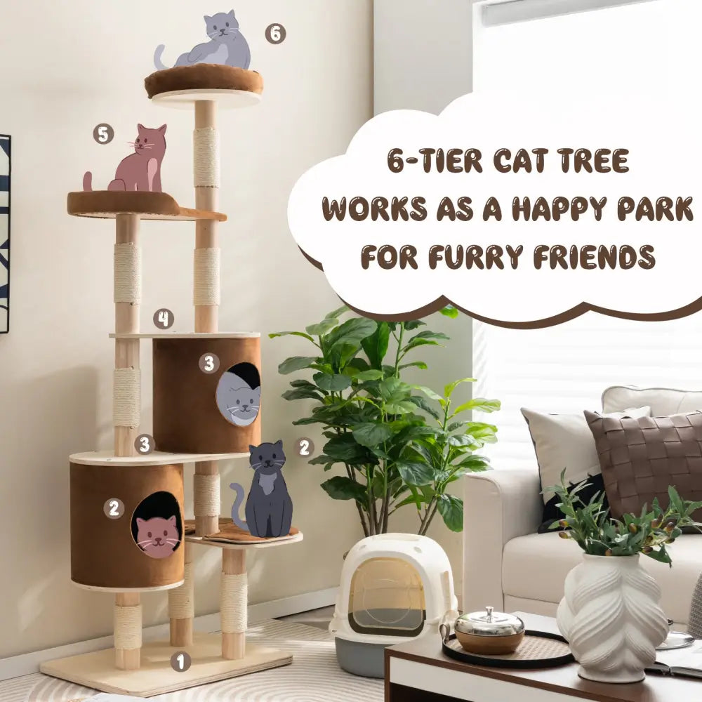 6-Tier Wooden Cat Tree with 2 Removeable Condos Platforms and Perch-Brown - Brown - Cat Trees Condos & Scratchers