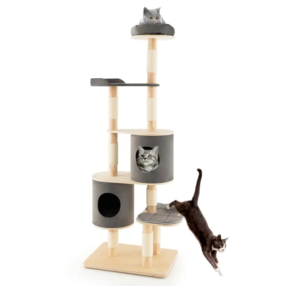 6-Tier Wooden Cat Tree with 2 Removeable Condos Platforms and Perch-Gray - Gray - Cat Trees Condos & Scratchers