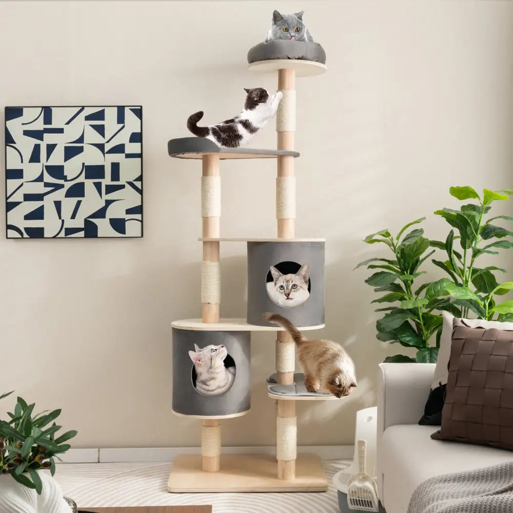 6-Tier Wooden Cat Tree with 2 Removeable Condos Platforms and Perch-Gray - Gray - Cat Trees Condos & Scratchers