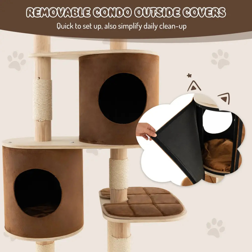 6-Tier Wooden Cat Tree with 2 Removeable Condos Platforms and Perch-Brown - Brown - Cat Trees Condos & Scratchers