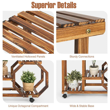 6-Tier Wooden Plant Stand with Wheels-Brown - Brown - Plant Stands