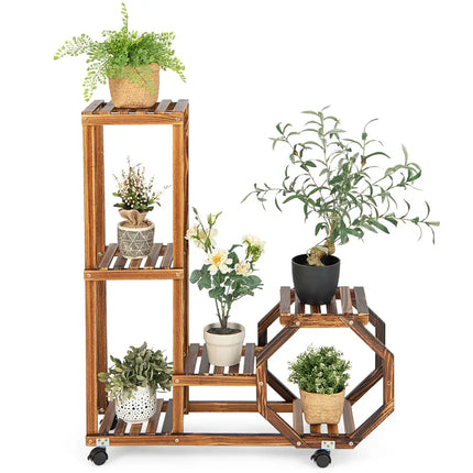 6-Tier Wooden Plant Stand with Wheels-Brown - Brown - Plant Stands