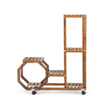 6-Tier Wooden Plant Stand with Wheels-Brown - Brown - Plant Stands
