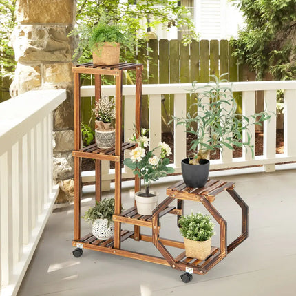 6-Tier Wooden Plant Stand with Wheels-Brown - Brown - Plant Stands