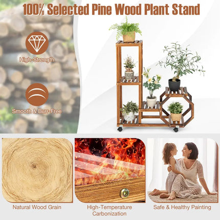 6-Tier Wooden Plant Stand with Wheels-Brown - Brown - Plant Stands
