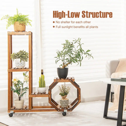 6-Tier Wooden Plant Stand with Wheels-Brown - Brown - Plant Stands
