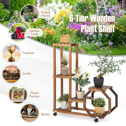 6-Tier Wooden Plant Stand with Wheels-Brown - Brown - Plant Stands