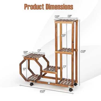 6-Tier Wooden Plant Stand with Wheels-Brown - Brown - Plant Stands
