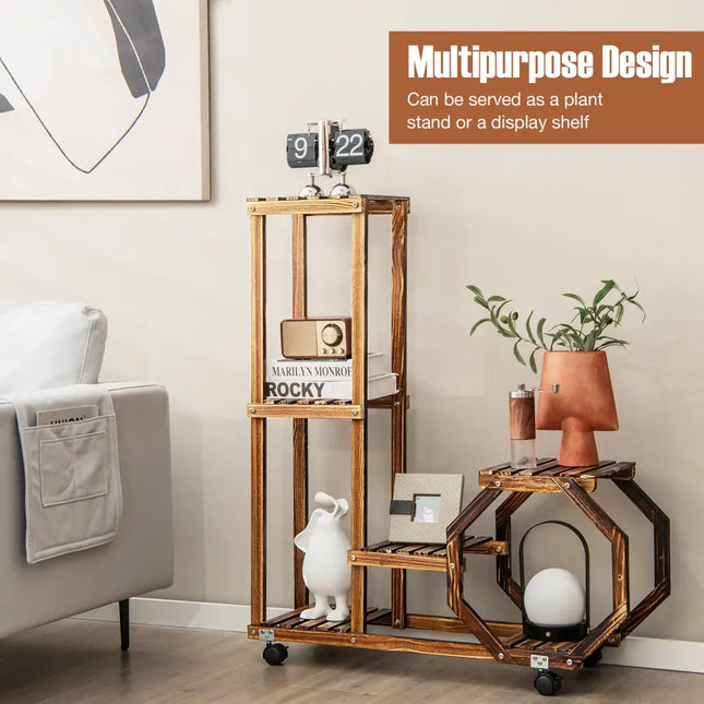 6-Tier Wooden Plant Stand with Wheels-Brown - Brown - Plant Stands
