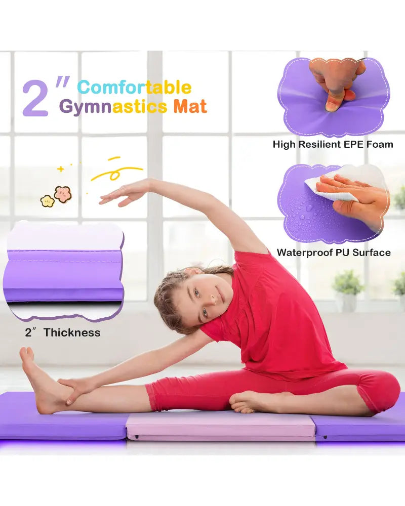 6 x 2 FT Tri-Fold Gym Mat with Handles and Removable Zippered Cover-Pink & Purple - Pink & Purple - Yoga & Gym Mats