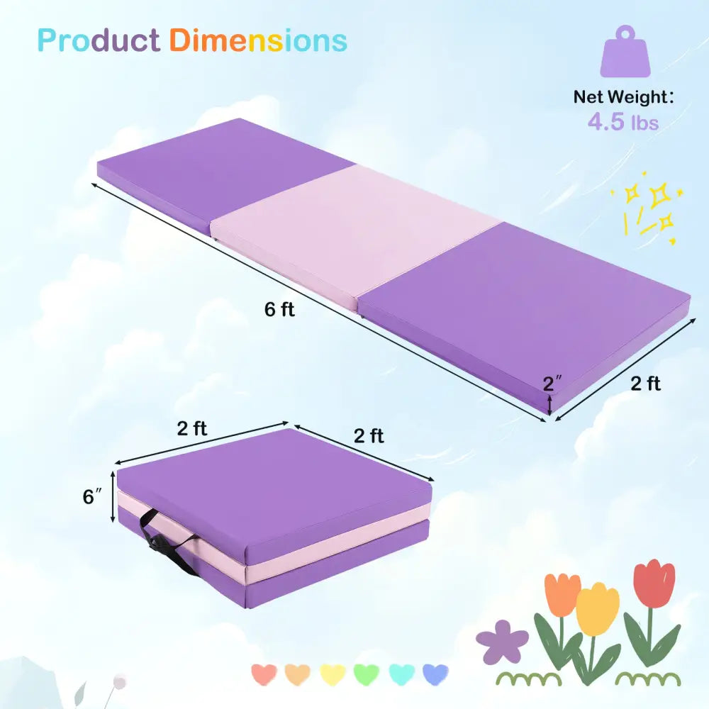 6 x 2 FT Tri-Fold Gym Mat with Handles and Removable Zippered Cover-Pink & Purple - Pink & Purple - Yoga & Gym Mats
