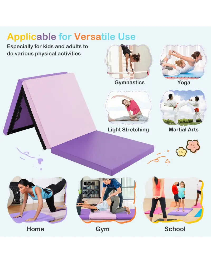 6 x 2 FT Tri-Fold Gym Mat with Handles and Removable Zippered Cover-Pink & Purple - Pink & Purple - Yoga & Gym Mats