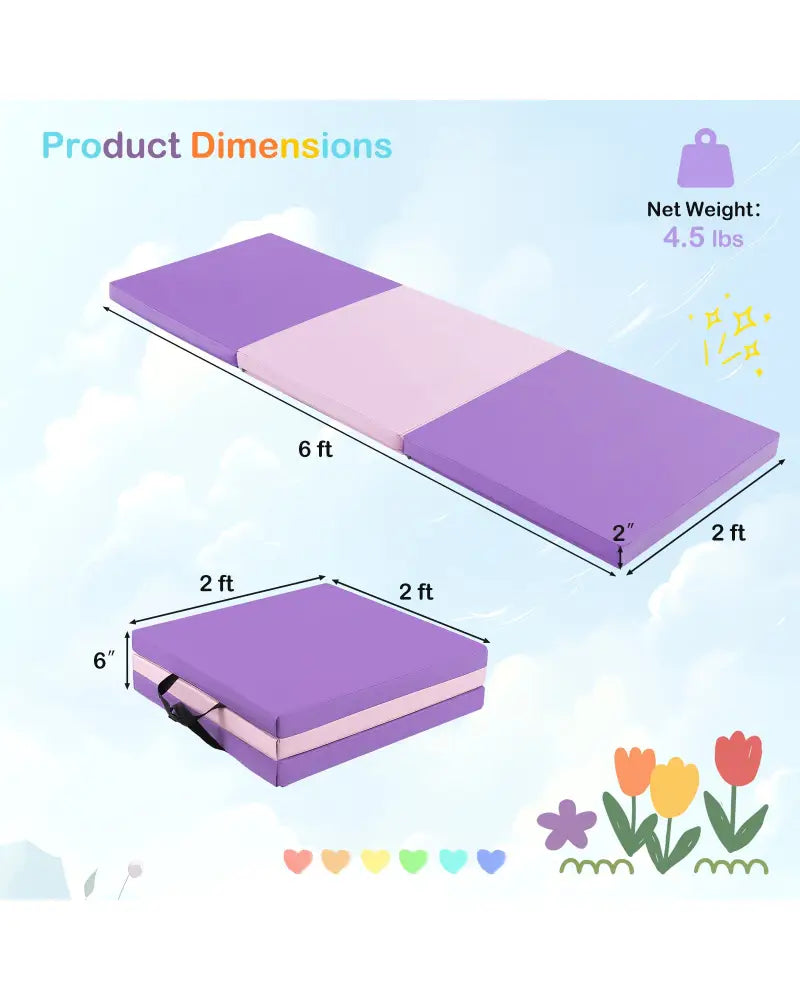 6 x 2 FT Tri-Fold Gym Mat with Handles and Removable Zippered Cover-Pink & Purple - Pink & Purple - Yoga & Gym Mats