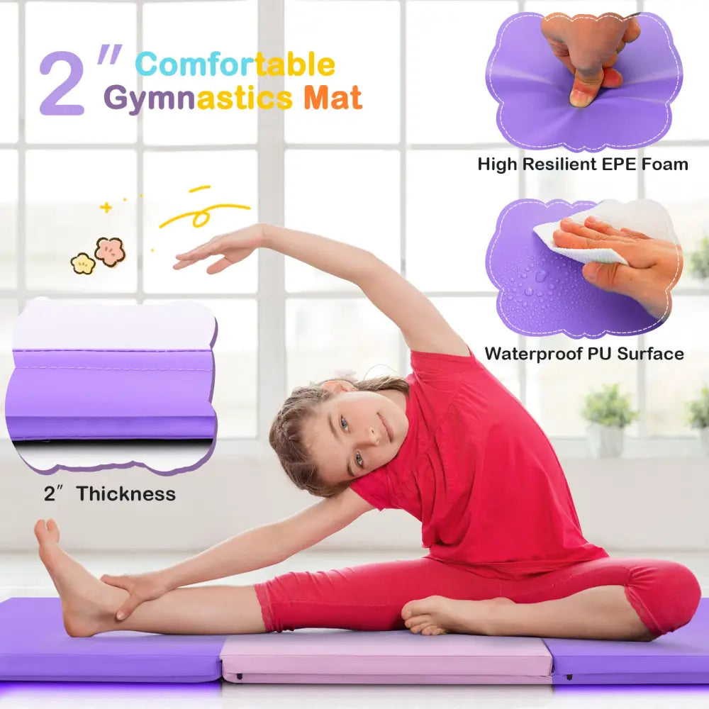 6 x 2 FT Tri-Fold Gym Mat with Handles and Removable Zippered Cover-Pink & Purple - Pink & Purple - Yoga & Gym Mats