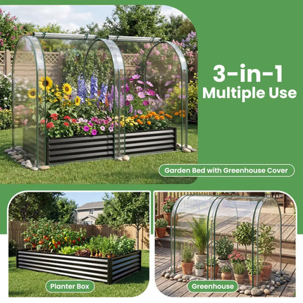 6 x 3 x 1 FT Galvanized Raised Garden Bed with Greenhouse Cover-Black - Black - Raised Garden Beds