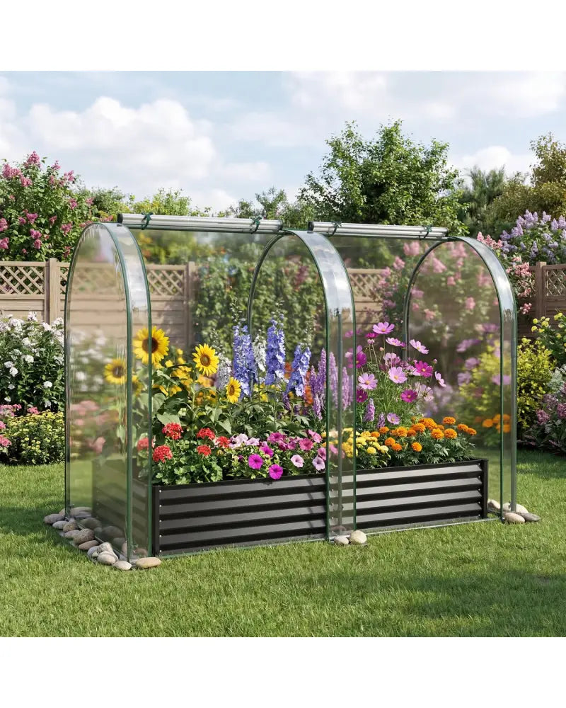 6 x 3 x 1 FT Galvanized Raised Garden Bed with Greenhouse Cover-Black - Black - Raised Garden Beds