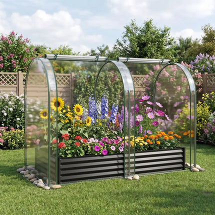 6 x 3 x 1 FT Galvanized Raised Garden Bed with Greenhouse Cover-Black - Black - Raised Garden Beds