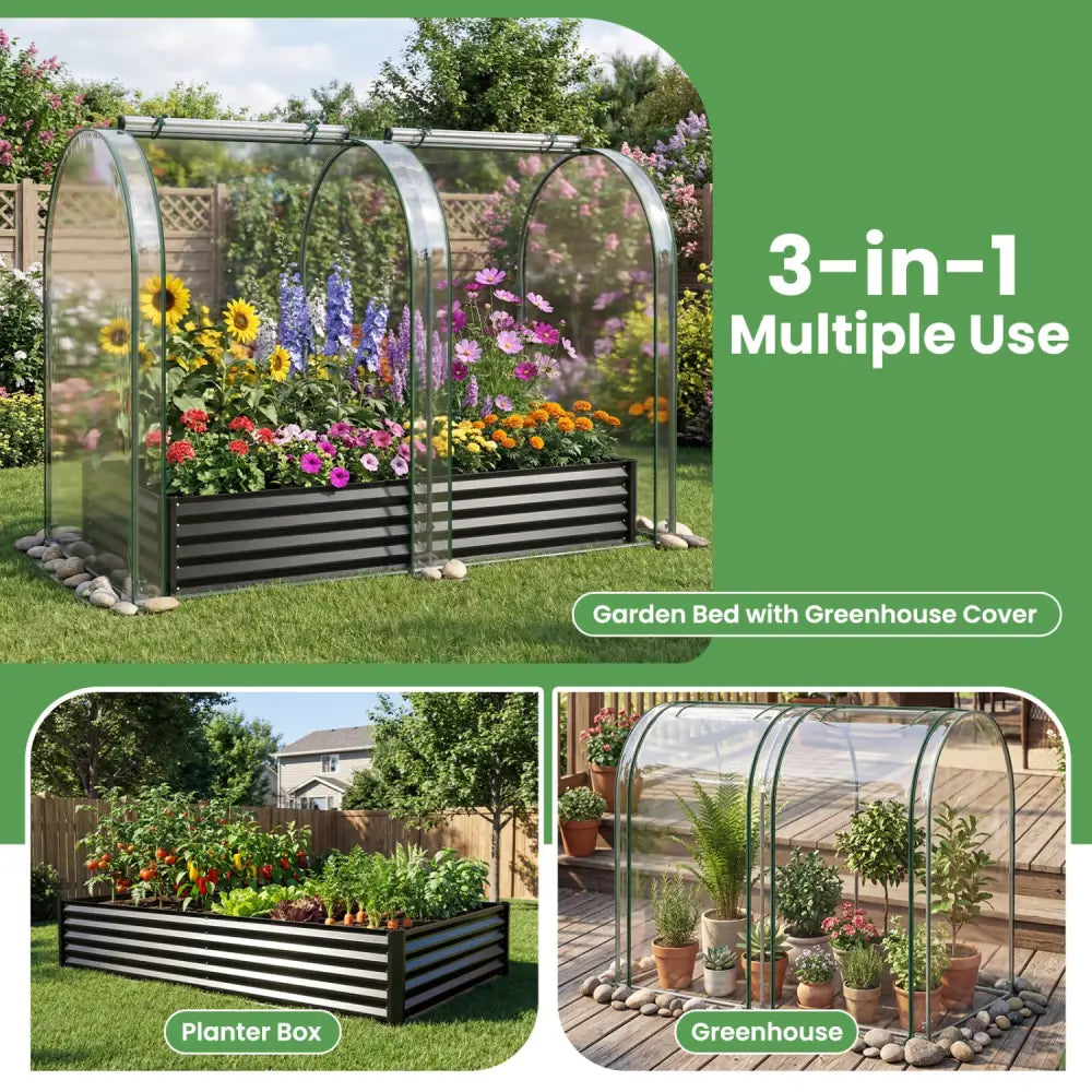 6 x 3 x 1 FT Galvanized Raised Garden Bed with Greenhouse Cover-Black - Black - Raised Garden Beds