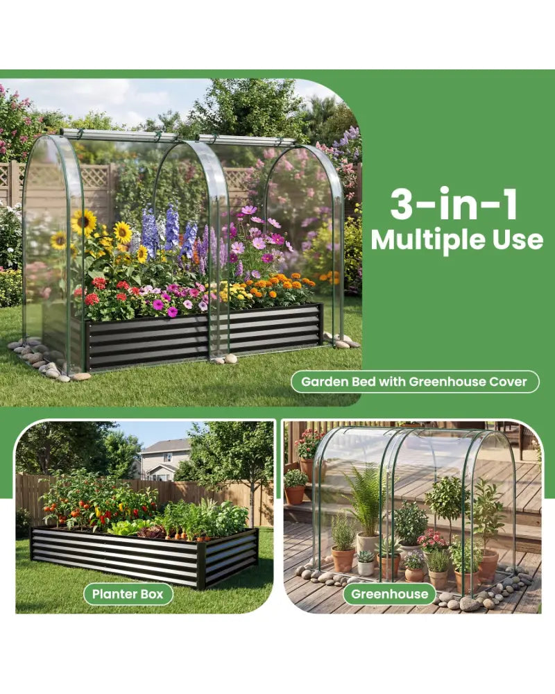 6 x 3 x 1 FT Galvanized Raised Garden Bed with Greenhouse Cover-Black - Black - Raised Garden Beds